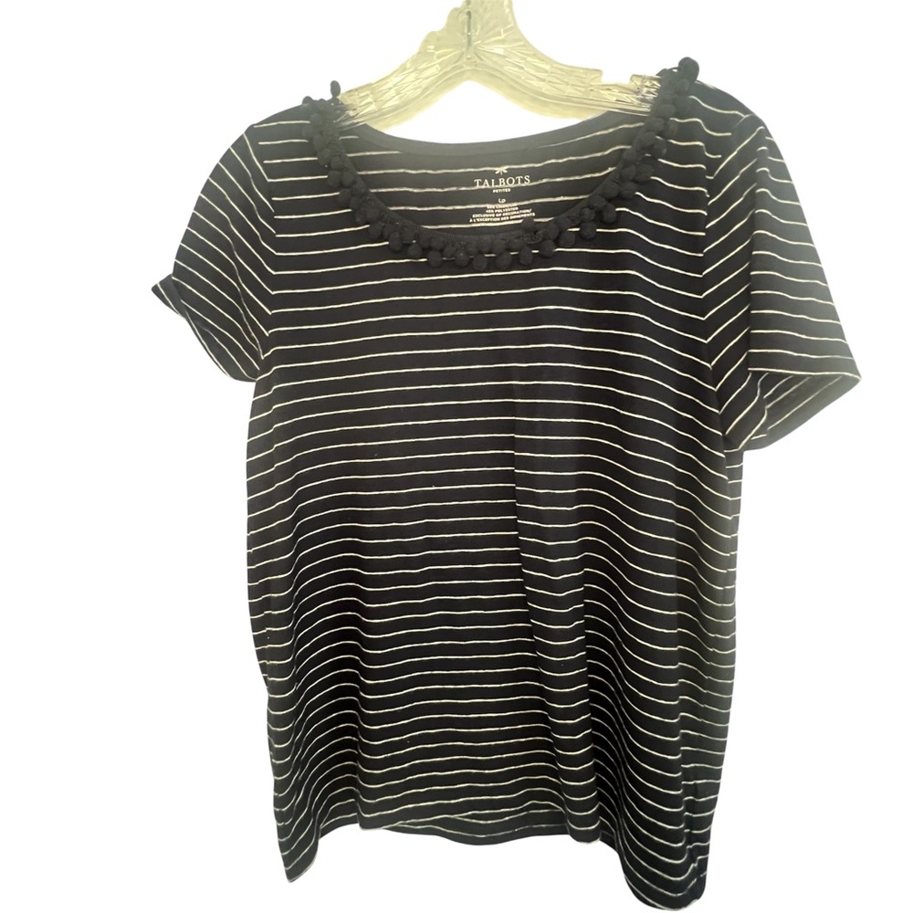 Talbots Striped Tee Shirt w/ Pom Pom Collar Detail